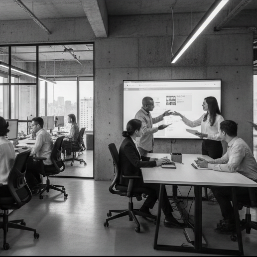 un baner para Webs rápidas y robustas. Arquitectura
pensada para convertir tráfico en clientes
reales. a blanco y negro con personas reales trabajando en esp