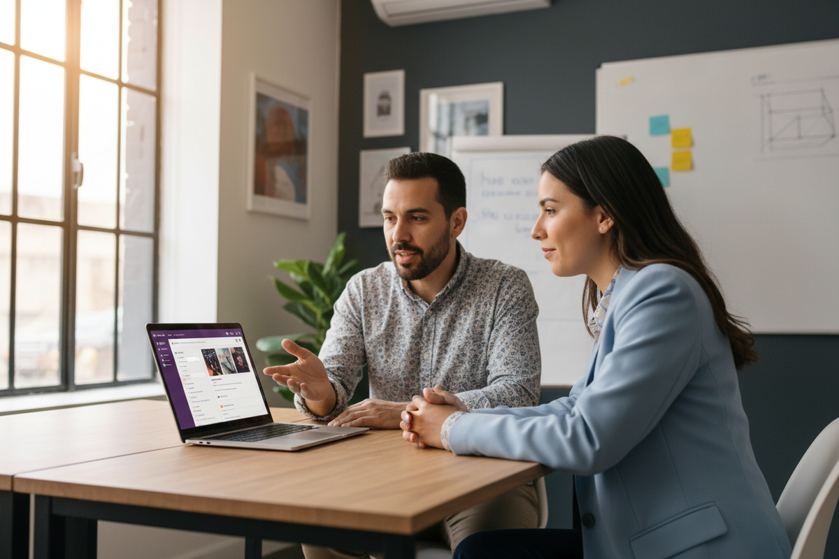 Un programador de shopify conversando con el cliente son latinos
